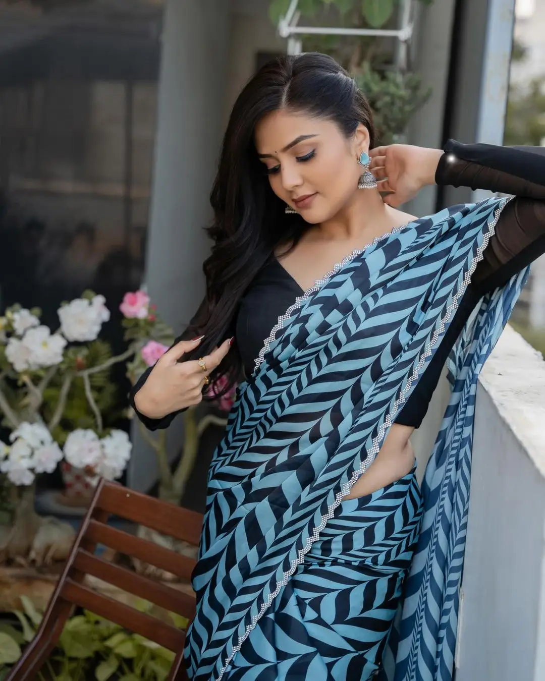 Sreemukhi in Traditional Blue Saree Black Blouse